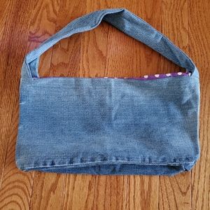 Handmade Blue Jean Tote with Purple Polka Dot Lining